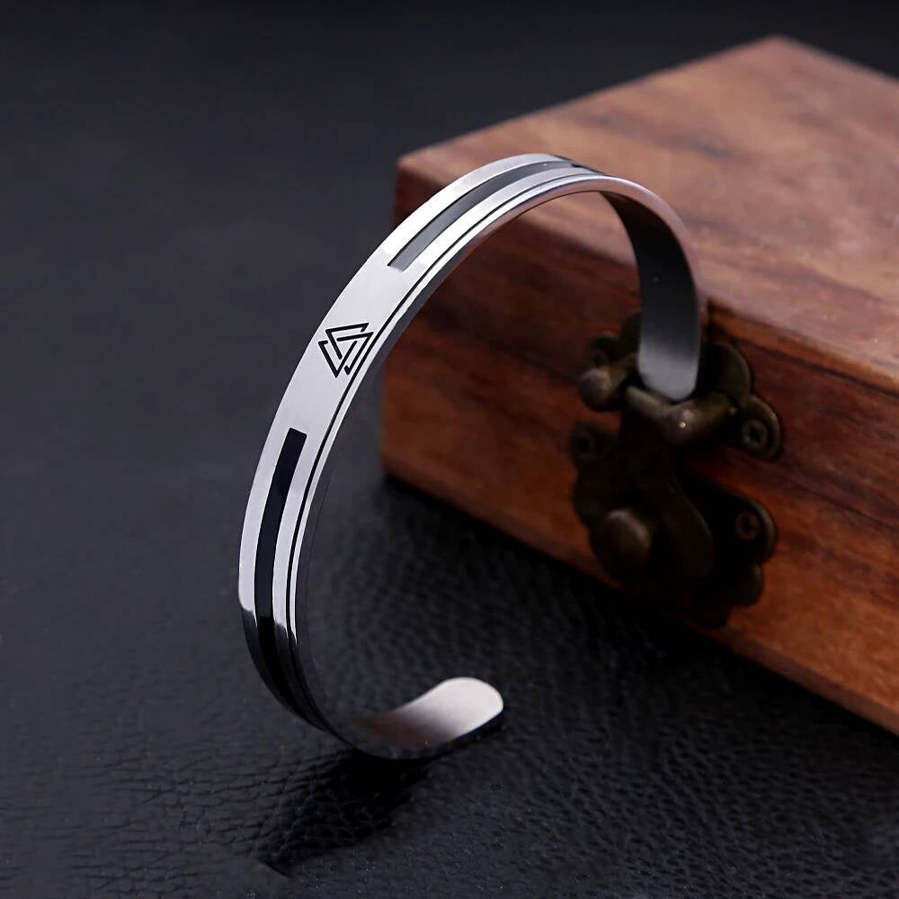 Minimalist Viking Valknut Stainless Steel Cuff Bracelet – Norse Symbol Jewelry for Men