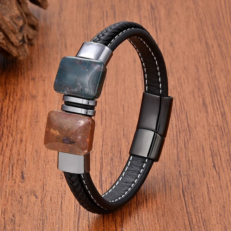 Trendy Leather Men Stainless Steel Bracelet Black Braided Rope Bracelets Punk Style Personality Stoner Jewelry Gifts Moss Agate