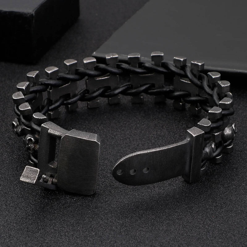 Stainless Steel 316L Skull Head Bracelet Men Pirate Viking Biker Jewelry With Black Genuine Leather