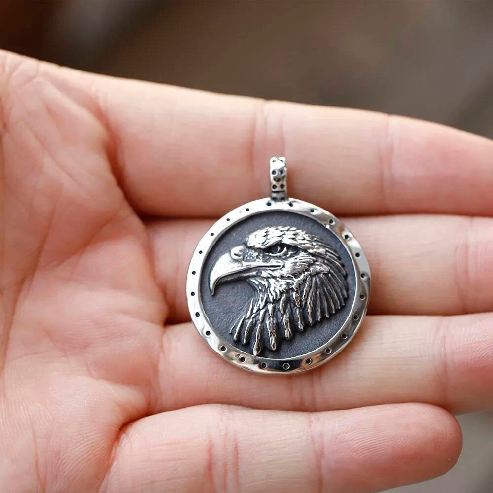 Men's 316L Stainless Steel Biker Eagle Pendant Necklace with Metal Pearl Chain Rugged Animal Jewelry