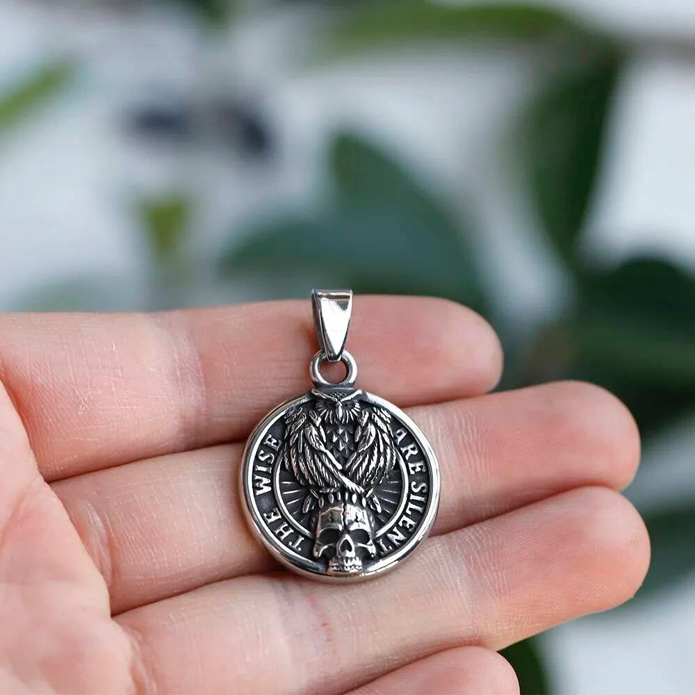 "The Wise Are Silent" Skull & Raven Pendant Necklace - Gothic Stainless Steel Jewelry