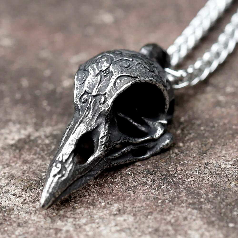 Bird Skull Pendant Necklace, Silver Gothic Jewelry with Intricate Detailing