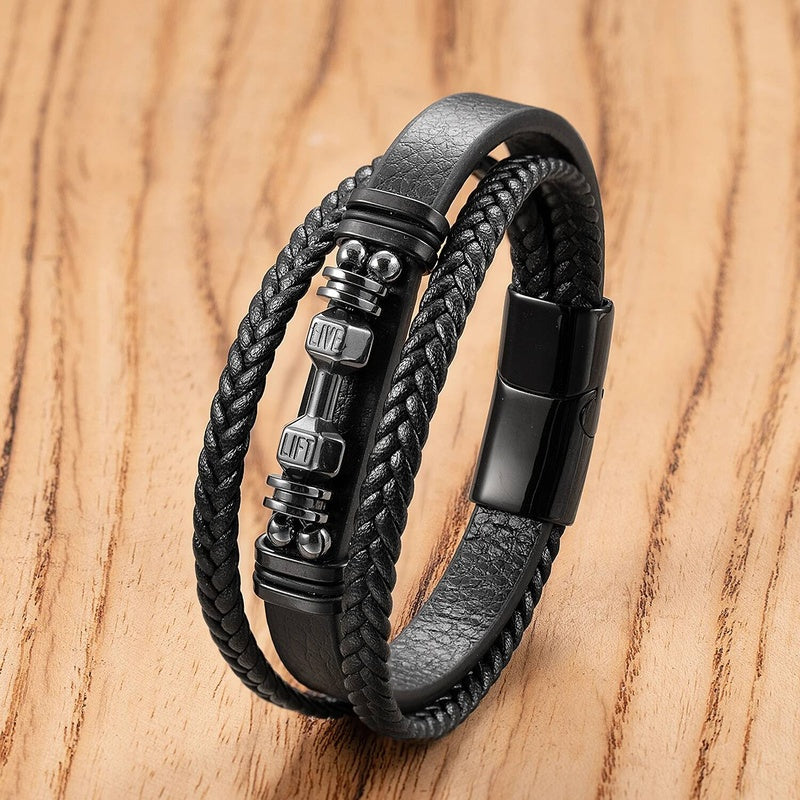 Weave Leather Dumbbell Shape Special Popular Pattern Men's Bracelet for Men Stainless Steel Jewelry Accessories Party Gift White-B