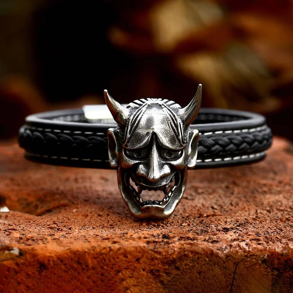 Samurai Oni Demon Bracelet for Men Gothic Punk Rock Biker Jewelry 316L Stainless Steel with Black Braided Leather