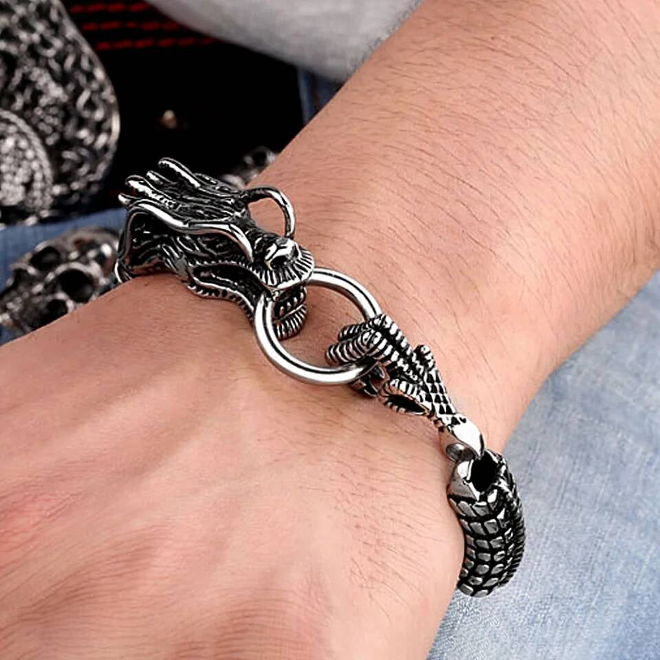 Dragon Head & Claw Stainless Steel Bracelet – Mythical Power Jewelry