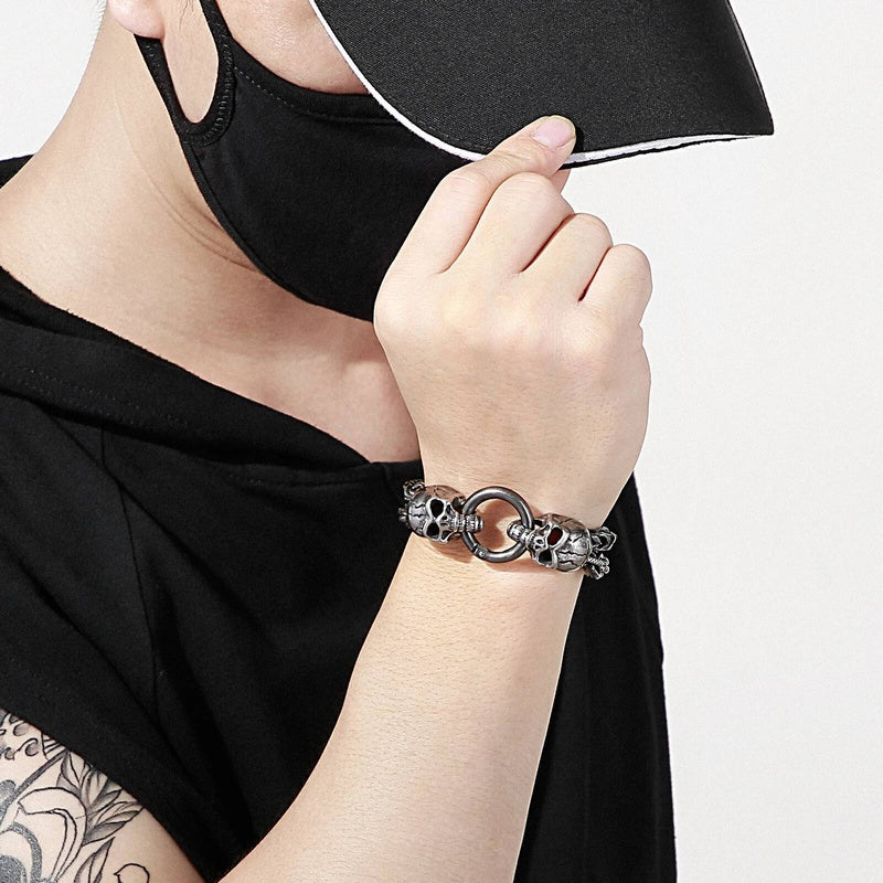 Punk Double Layer Chain Bracelet Men Stainless Steel Evil Skull Ghost Wristband Jewelry