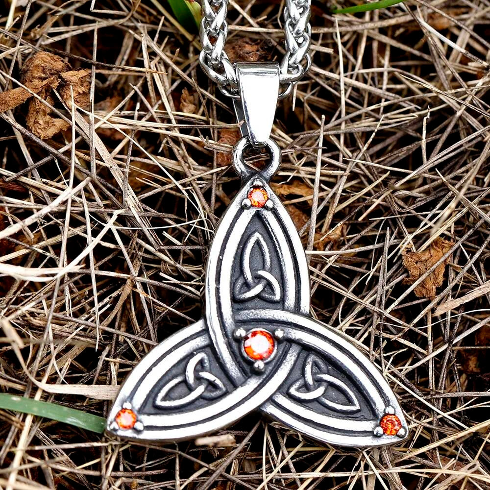 Celtic Triquetra Pendant with Red Stones – Silver Trinity Knot Necklace