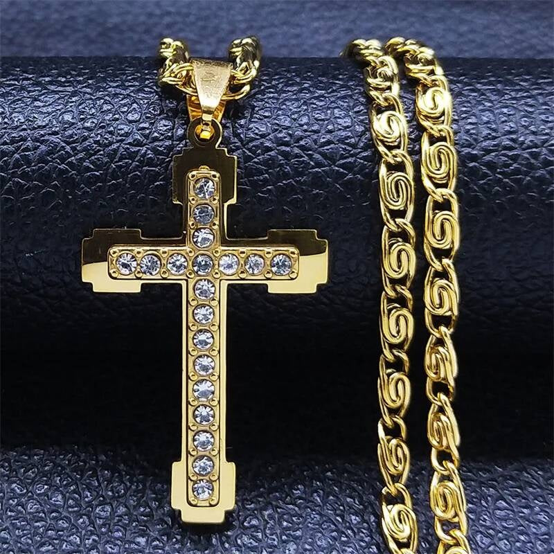 316L Stainless Steel Cross Chain Necklace Pendant For Men Zircon Jewelry Accessories Male Gold Cross