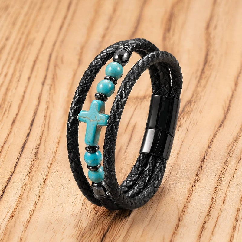 Black Braided Leather Bracelet with Green Jade Beads - Stylish Multi-Layer Magnetic Clasp Jewelry for Casual Wear and Gifts Style-A