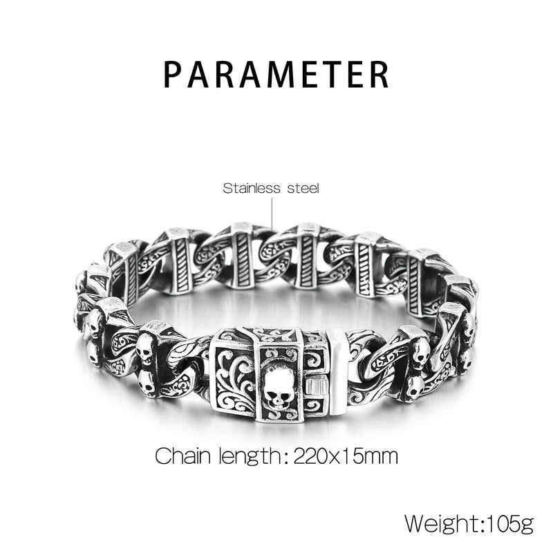 15mm Skull Bone Charm Link Chain Bracelet For Men 316L Stainless Steel Punk Jewelry Steel Color(bfc46d)
