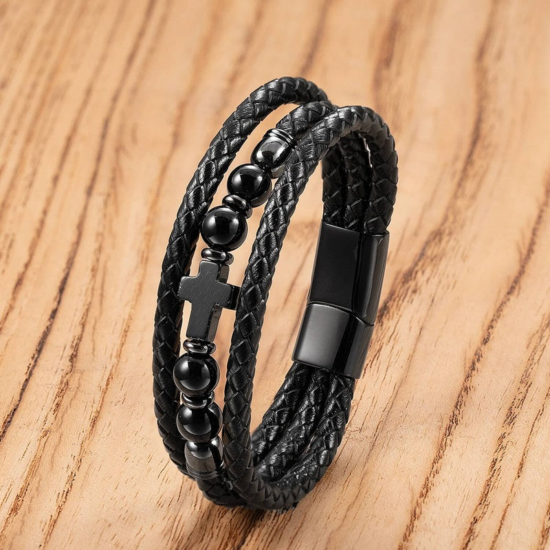 Black Braided Leather Bracelet with Green Jade Beads - Stylish Multi-Layer Magnetic Clasp Jewelry for Casual Wear and Gifts Style-E