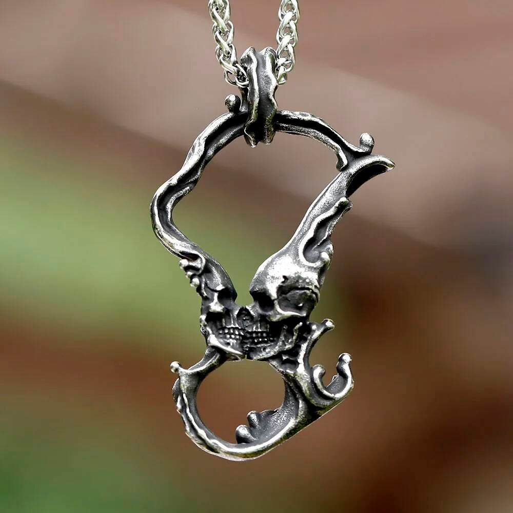 Skeletons in Coffin Pendant Necklace, Gothic Silver Jewelry with Death and Love Symbolism LP-1076 CN