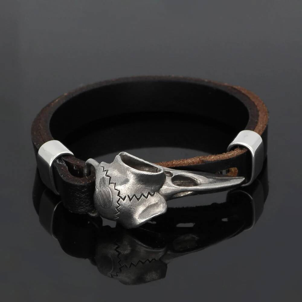 Gothic Raven Skull Bracelet – Leather Strap with Stainless Steel Crow Head Style A