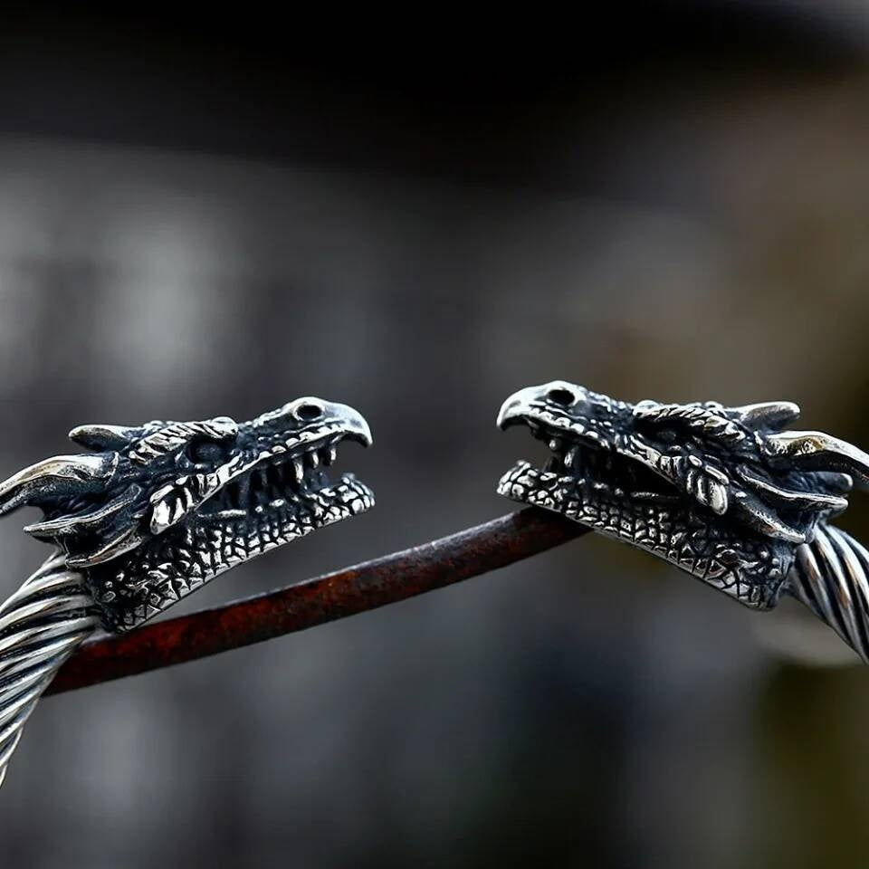 Double Dragon Head Twisted Bangle – Viking Norse Stainless Steel Bracelet