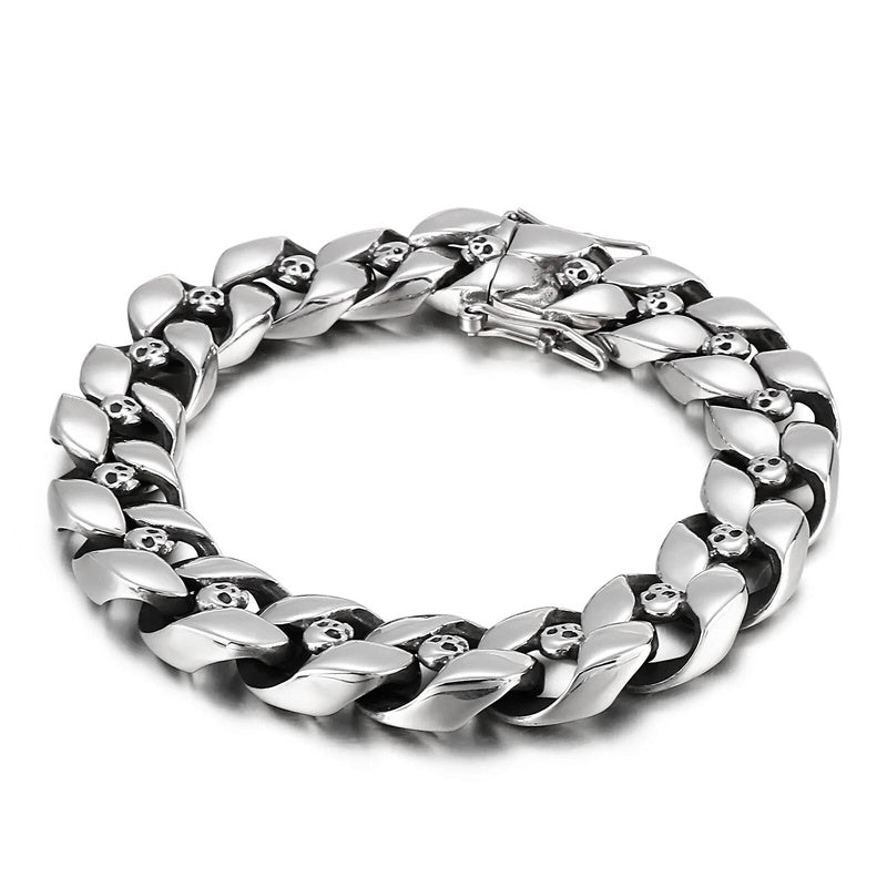 Cuban Link Chain With Skull Charm Bracelet Men Punk Jewelry