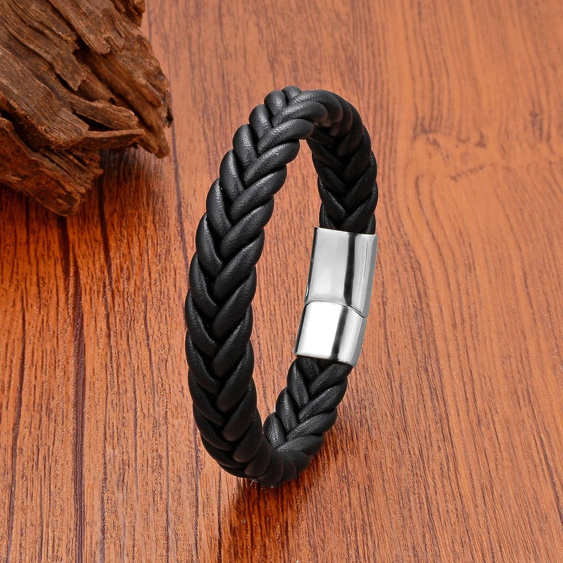 Black Braided Leather Bracelet with Green Jade Beads - Stylish Multi-Layer Magnetic Clasp Jewelry for Casual Wear and Gifts Black Leather-White