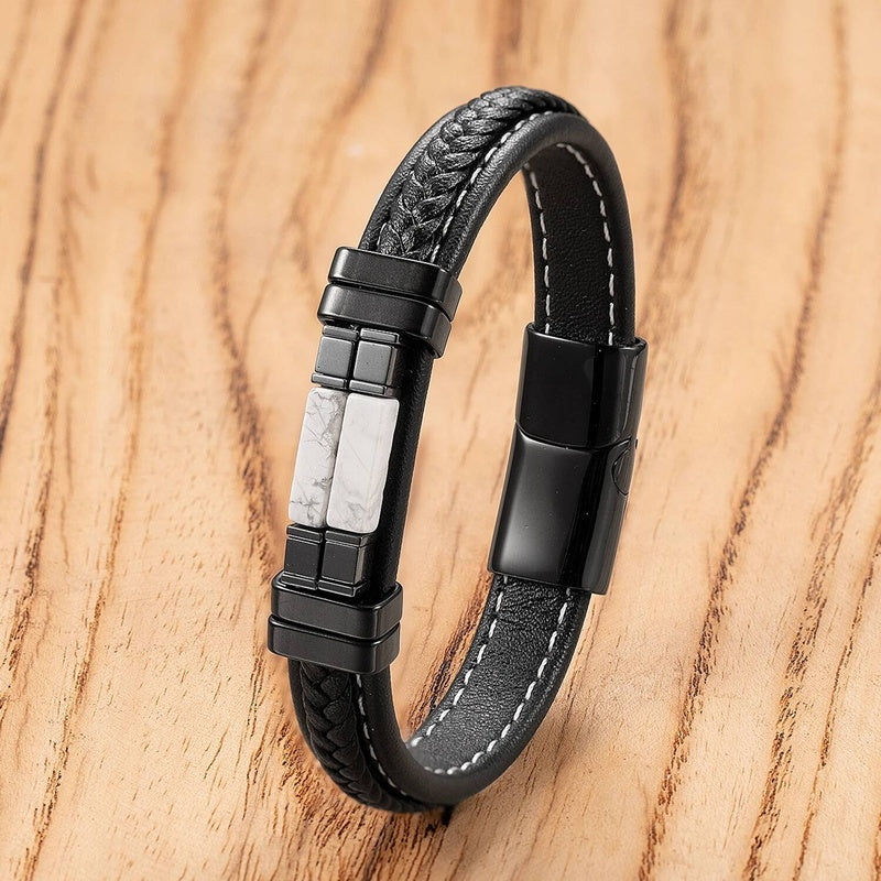 Vintage Woven Leather Rope For Men Personality Stone Bangles Bracelets Punk Stainless Steel Wristband Jewelry Gifts Style-J