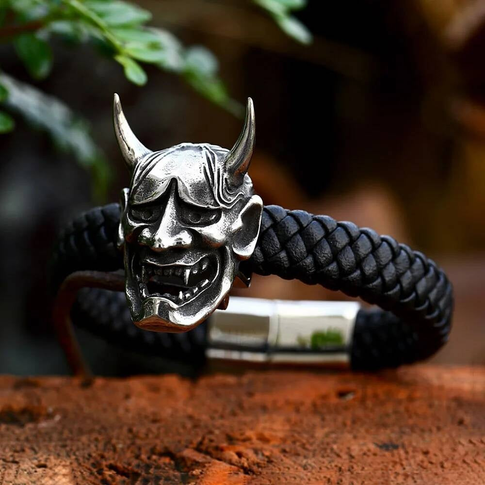 Samurai Oni Demon Bracelet for Men Gothic Punk Rock Biker Jewelry 316L Stainless Steel with Black Braided Leather Style A