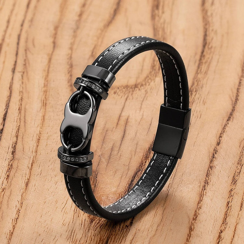Woven Leather Rope Wrap For Men Classic Stainless Steel Fittings Bangles Bracelets Punk Wristband Jewelry Gifts Black