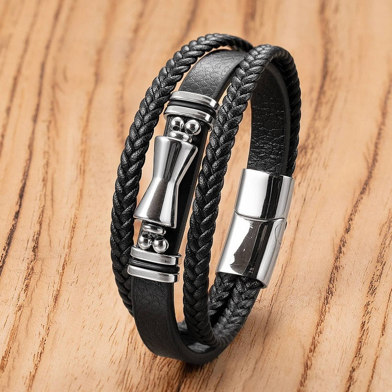 Black Braided Leather Bracelet with Green Jade Beads - Stylish Multi-Layer Magnetic Clasp Jewelry for Casual Wear and Gifts White-A