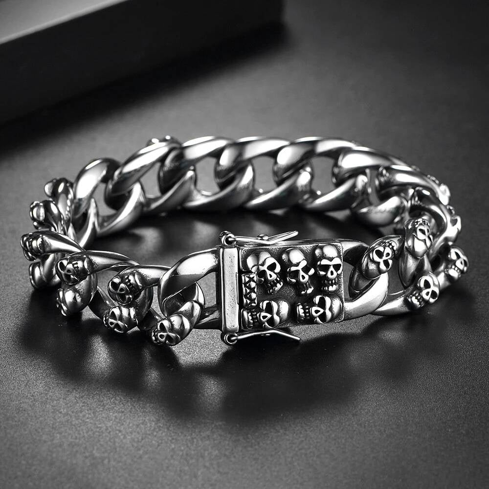 Heavy Skull Chain Bracelet for Men Gothic Punk Rock Biker Jewelry 316L Stainless Steel Cuban Link