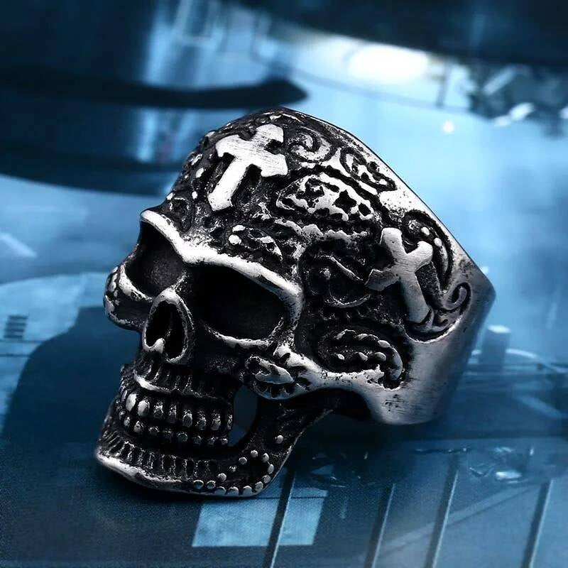 Engraved Skull Cross Ring – Gothic Stainless Steel Biker Jewelry Ancient black