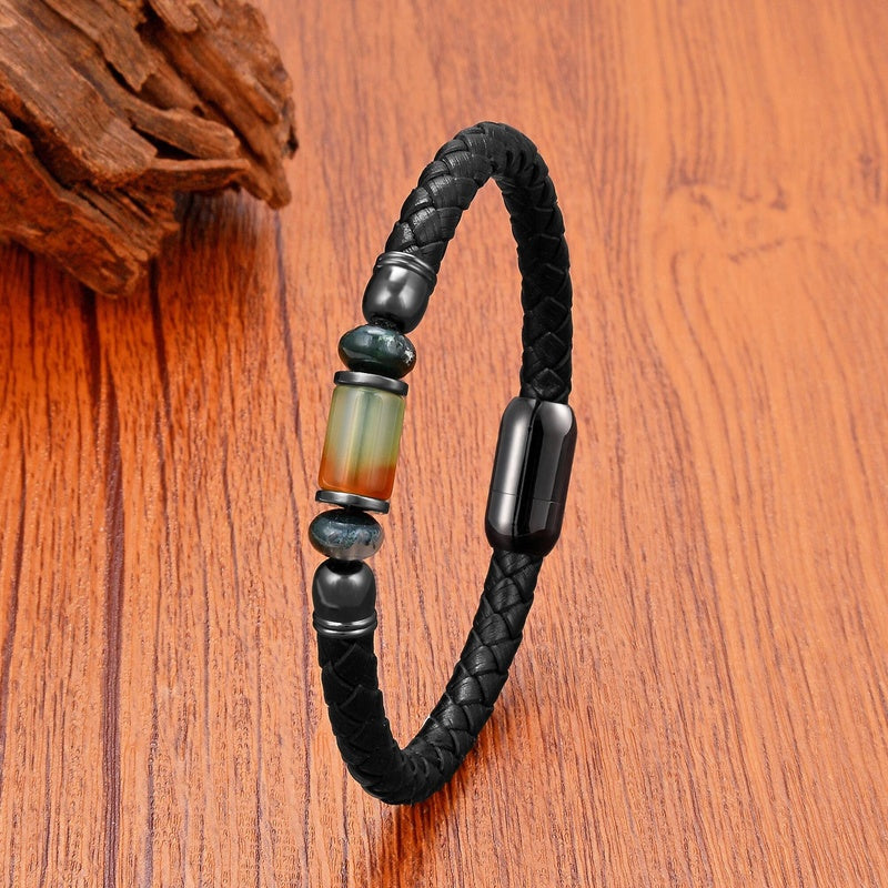 Black Braided Leather Bracelet with Green Jade Beads - Stylish Multi-Layer Magnetic Clasp Jewelry for Casual Wear and Gifts Green Agate