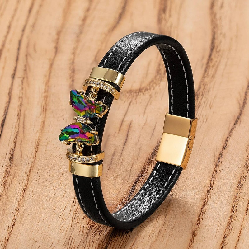 Men's Black Leather Gold Bow Accent Bracelet for Special Occasions Style-H