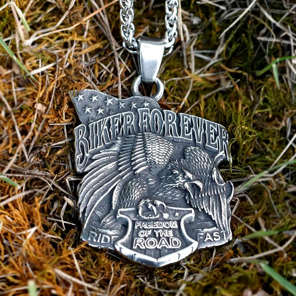 Biker Forever Pendant Necklace – Stainless Steel Eagle & Freedom Emblem