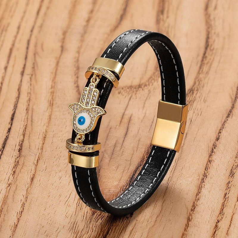 Woven Leather Turkish Blue Evil Eye Zircon Bracelet Punk Fashion Charm Valentines Day Gift Trend Female Jewelry Style-J