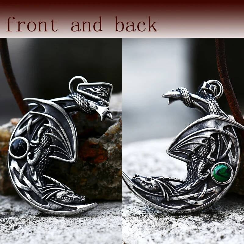 Men's 316L Stainless Steel Winged Dragon Moon Pendant Necklace 02