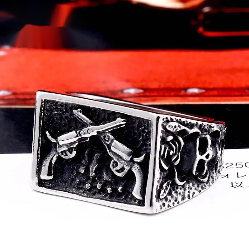 316L Stainless Steel Skull Crossed Guns Ring Punk Biker Jewelry