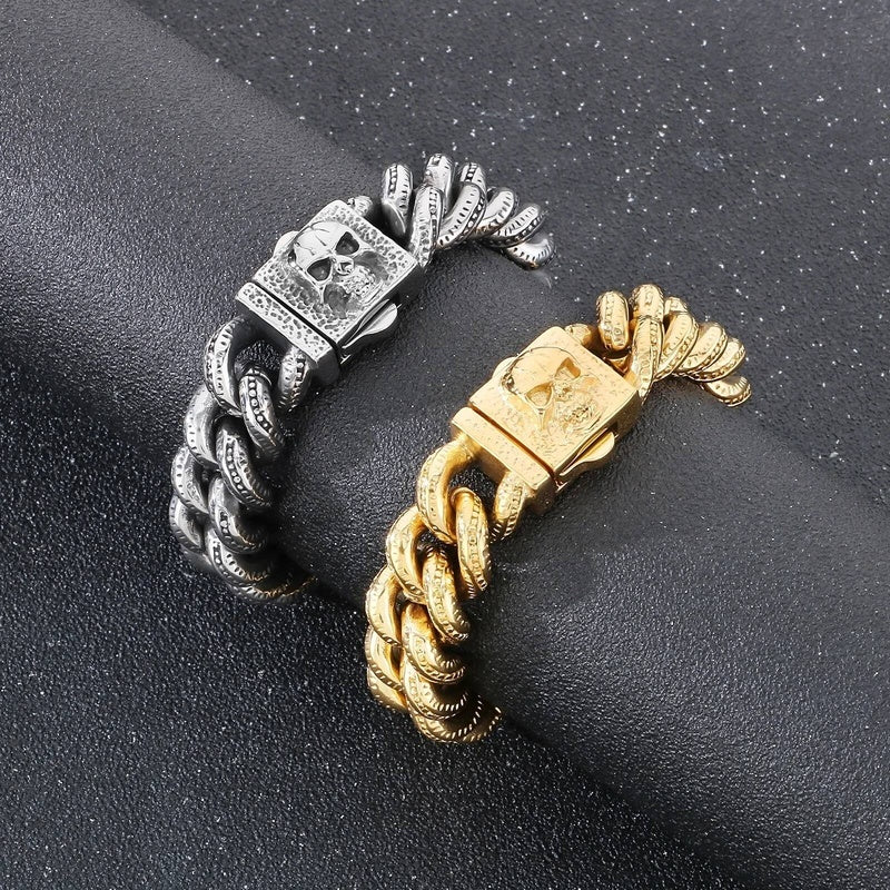 15mm Vintage Cuban Chain Bracelet With Skull Charm Clasp