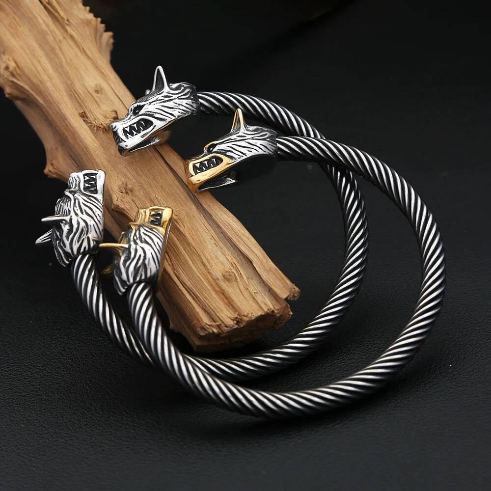 Viking Wolf Head Cuff Bracelet – Twisted Steel Norse Armring
