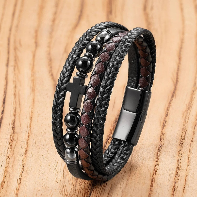 Black Braided Leather Bracelet with Green Jade Beads - Stylish Multi-Layer Magnetic Clasp Jewelry for Casual Wear and Gifts Style-F