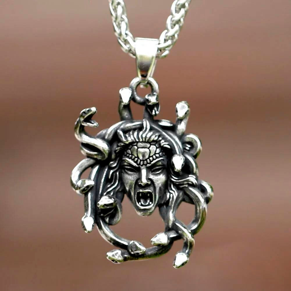 Medusa Pendant Necklace, Silver Gothic Jewelry with Snake Hair Design