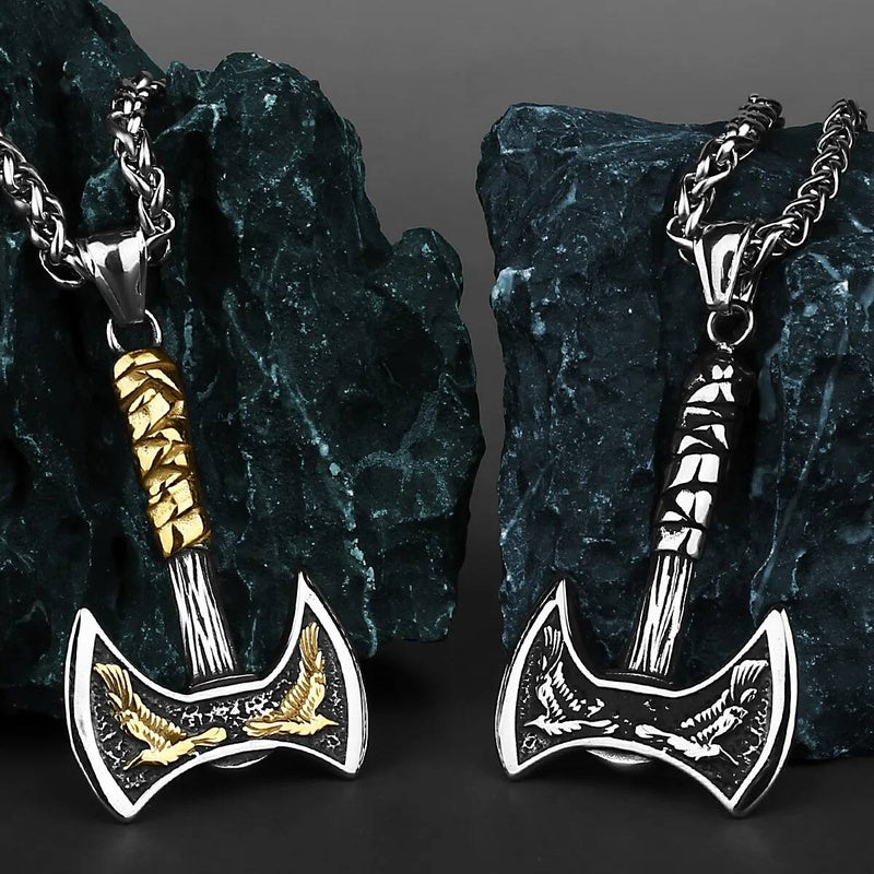 Viking Double-Headed Axe Pendant – Golden Raven Design Stainless Steel Necklace