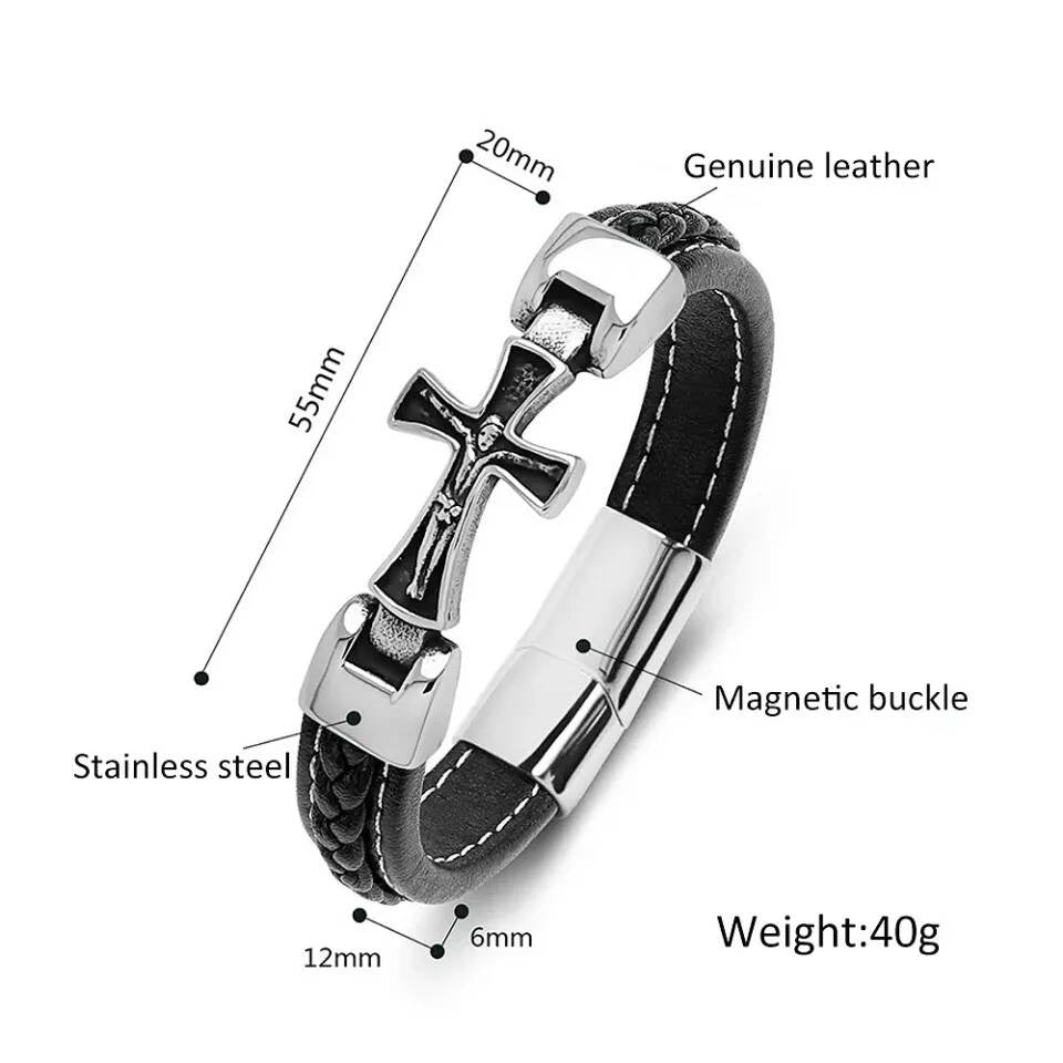 Men’s Leather Cross Bracelet – 316L Stainless Steel Christian Jewelry, Gothic Punk Wristband with Braided Strap