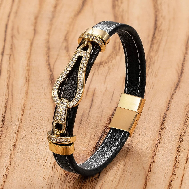 Vintage Woven Rope Wrap Stainless Steel Magnetic Buckle Genuine Leather Bracelets Jewelry Male Wrist Bangle Gold-B