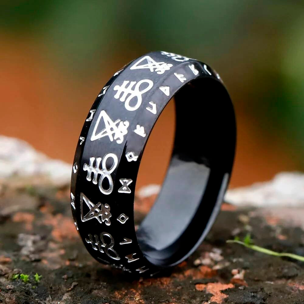 Lucifer Seal Signet Ring – 316L Stainless Steel Gothic Pagan Statement Band black