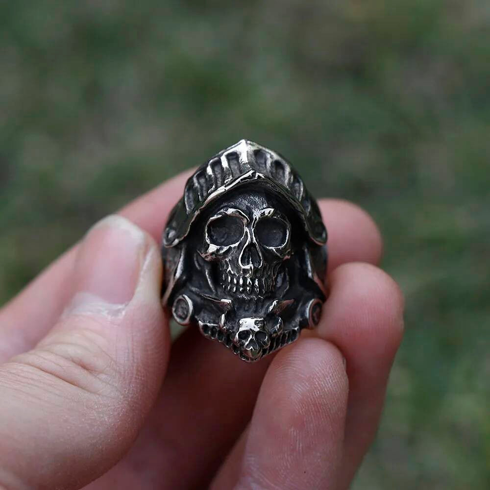 Caarium Skull Biker Ring - Gothic Stainless Steel Punk Jewelry for Teens