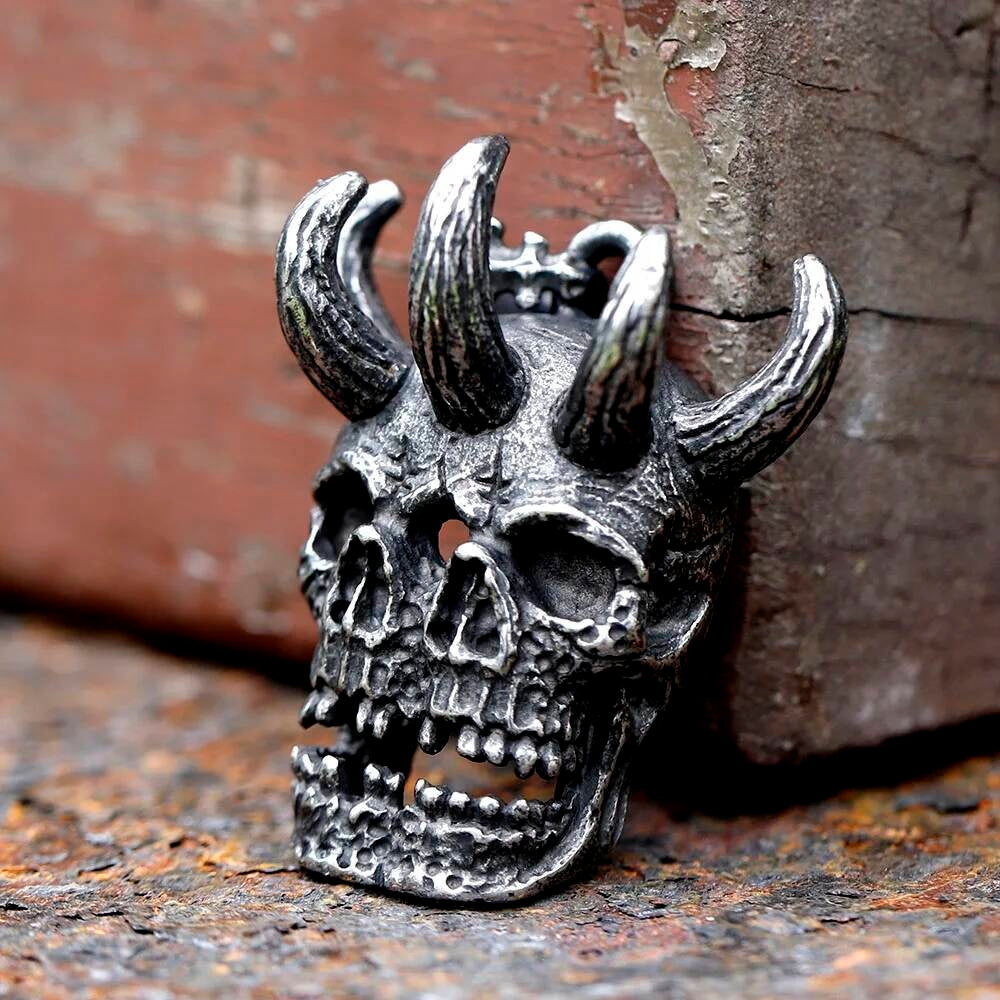 Demon Skull Pendant – Horned Gothic Stainless Steel Necklace