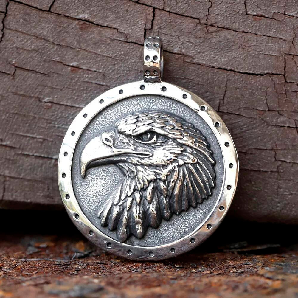 Men's 316L Stainless Steel Biker Eagle Pendant Necklace with Metal Pearl Chain Rugged Animal Jewelry
