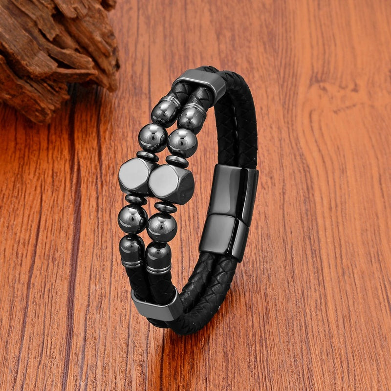 Black Braided Leather Bracelet with Green Jade Beads - Stylish Multi-Layer Magnetic Clasp Jewelry for Casual Wear and Gifts Hematite-B