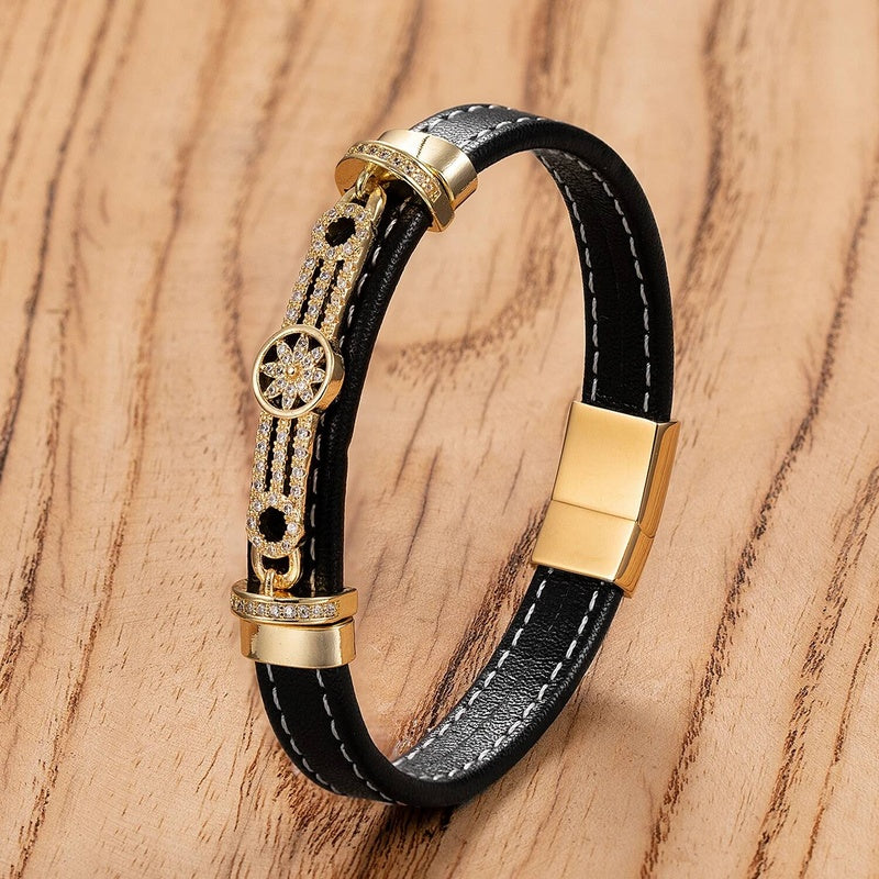 Trendy Leather Men Stainless Steel Pattern Design Braided Rope Bracelets Jewelry Fashion Gift For Him Style-G