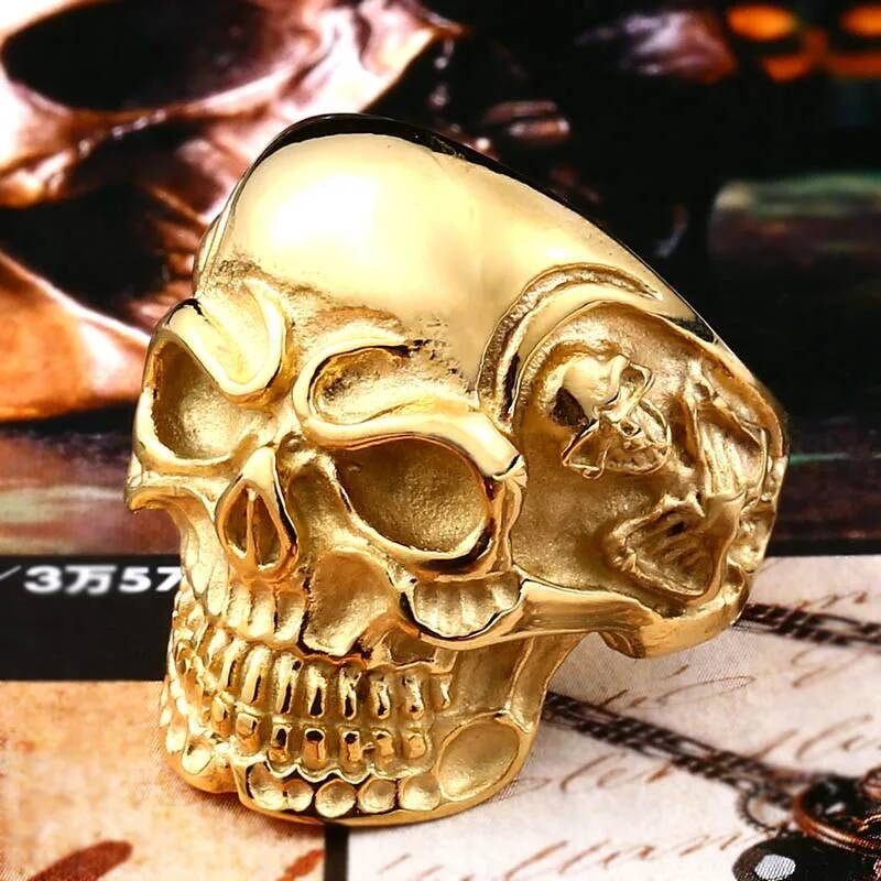 Skull Ring with Gold Skeleton Detail – Stainless Steel Gothic Jewelry all gold