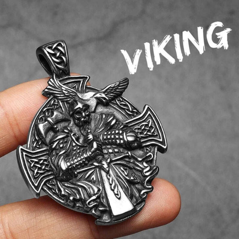 Viking Raven Warrior Cross Pendant Necklace – 316L Stainless Steel Norse Amulet N1473-Only Pendant