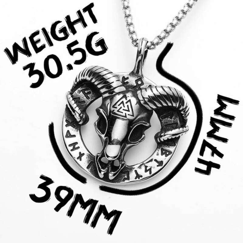 Viking Ram Skull Pendant Necklace – 316L Stainless Steel Norse Valknut Amulet with Runes
