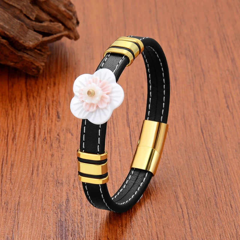 Black Braided Leather Bracelet with Green Jade Beads - Stylish Multi-Layer Magnetic Clasp Jewelry for Casual Wear and Gifts Pink Flower