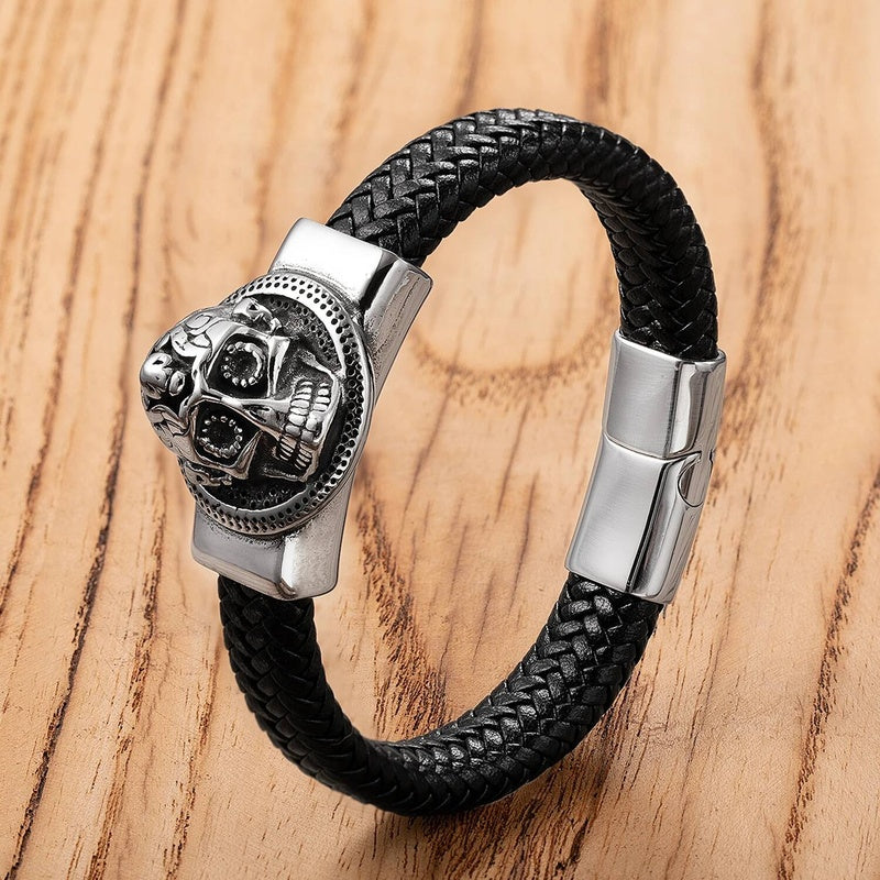 Men's Black Leather Skull Bracelet for Edgy Style Style-A